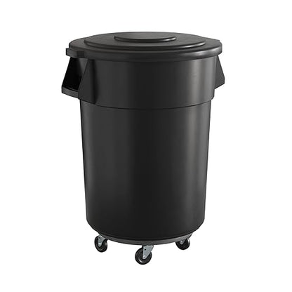 55 Gallon Black Round Commercial Trash Can with Lid and Dolly