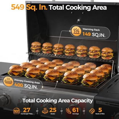 MASTER COOK 4 Burner Propane Gas Grill with Side Burner, 56,500 BTU with Sear Burner, 549 Sq.in. Cooking Area, Porcelain Enameled Grates,Stainless Steel BBQ Grills for Outdoor Cooking Patio Garden