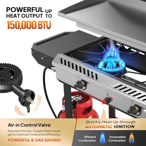 Bonnlo 2-in-1 Propane Stove and Griddle, Iginition Outdoor Gas Cooker with Storage Shelf and Portable Wheels, 2 Burner Camping Stove with 150000BTU Output for Backyard Cooking BBQ Frying and Boiling
