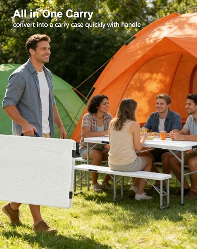 Folding Table with 2 Benches Set for Picnic, Party, Camping, School