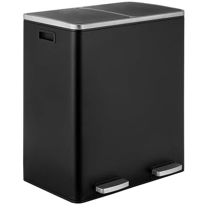 16 Gallon Rectangular Stainless Steel Trash Can, Dual Compartment Garbage Bin with Recycling Combo, Metal Dustbin Lid, Removable Liner, Indoor Hands Free Waste Bucket for Kitchen Home