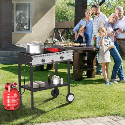 Bonnlo 2 Burner Propane Gas Stove with Auto Ignition, 150,000 BTU Portable Outdoor Camp Cooker Stove with Convenient Shelf & Smooth Rolling Wheels for Backyard, Camping, Tailgating, Patio Parties