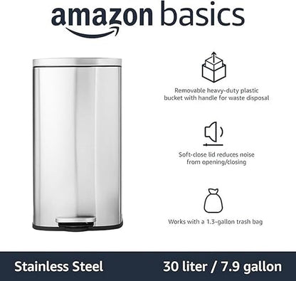 Amazon Basics Smudge Resistant Rectangular Trash Can With Soft-Close Foot Pedal, Brushed Stainless Steel, 30 litre/7.9 Gallon, Satin Nickel Finish, 13.8"L x 11.8"W x 25"H