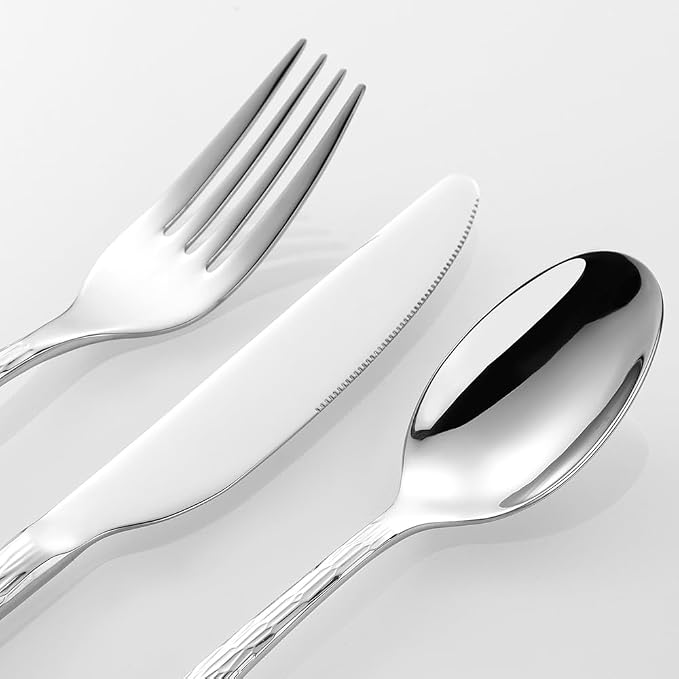 Black Hammered Silverware Set, Heavy Duty Flatware Set, 18/10 Stainless Steel