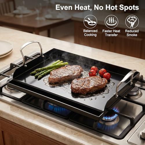 17 x 13 in Pre-seasoned Cast Iron Griddle for Gas Grill, Nano Ceramic Nonstick Flat Top Grill Plate with 5-Piece Tool Kit, Grease Groove, High Sidewalls, Handles, for Charcoal, Stove Top, Camping