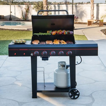 Megamaster Cart 5 Burner Gas Grill, Side Tables with Accessory Hooks, Black