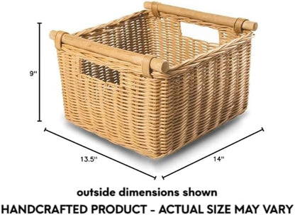 The Basket Lady Deep Pole Handle Wicker Storage Basket, Medium, 13.5 in L x 14 in W x 9 in H, Sandstone
