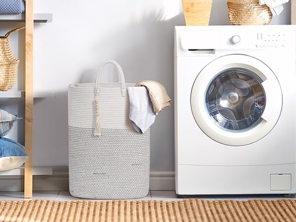 Woven Laundry Basket for Clothes, 100 L Large Rectangle Laundry Hampers with Beads Tassel, Nursery Storage Basket for Toys, Tall Dirty Clothes Hamper for Bedroom Aesthetic, Laundry Room Organization