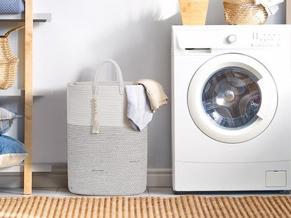 Woven Laundry Basket for Clothes, 100 L Large Rectangle Laundry Hampers with Beads Tassel, Nursery Storage Basket for Toys, Tall Dirty Clothes Hamper for Bedroom Aesthetic, Laundry Room Organization