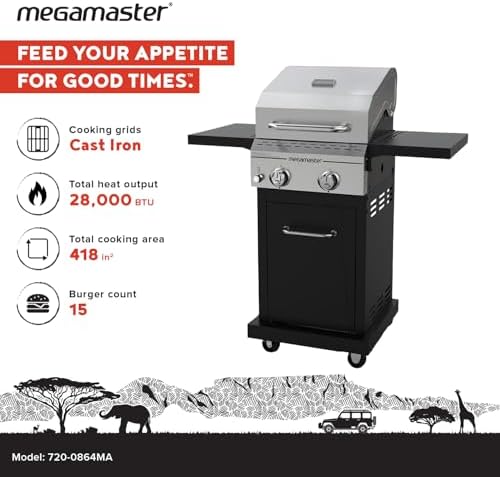 Megamaster Deluxe 2 Burner Gas Grill, Compact Design with Foldable Shelves