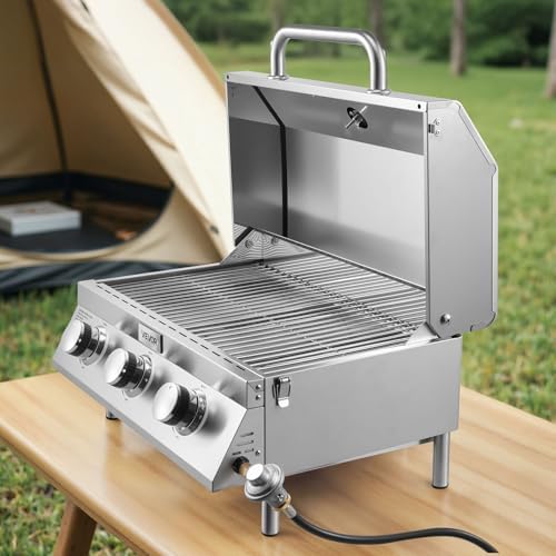 VEVOR Tabletop Gas Grill, 3-Burner Stainless Steel Portable Propane Grill, with Built-in Thermometer, Travel Locks, Weatherproof Lid, 22,500 BTU Total, for Outdoor Cooking, Patio, Party, Camping, RV