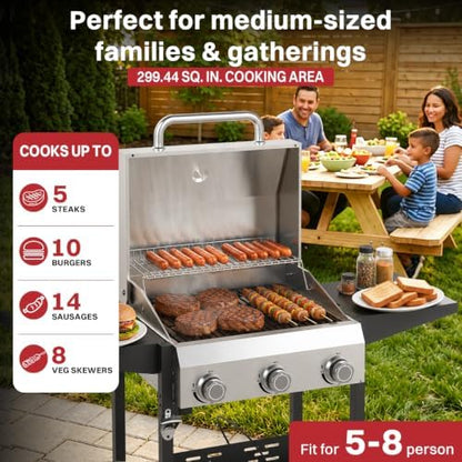 3 Burner Propane Gas Grill, 36000 BTU BBQ Grill with Lid & Wheels