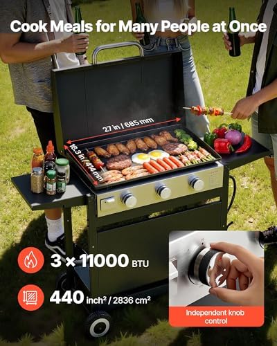 VEVOR Gas Griddle, 3-Burner Flat Top Grill, Propane Griddle with Wheels, Lid, 33000 BTU Outdoor Flat Top Grills for Pan-Frying, Grilling, Stir-Frying, & BBQ, Pulse Ignition, Removable Top Design