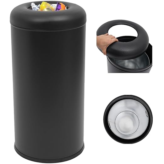 58.6 Liter / 15.48 Gallon Commercial Open Top Trash Can White Stainless Steel Trash Can Outdoor Indoor Garbage Enclosure with Lid Inside Barrel (Black)