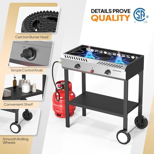 Bonnlo 2 Burner Propane Gas Stove with Auto Ignition, 150,000 BTU Portable Outdoor Camp Cooker Stove with Convenient Shelf & Smooth Rolling Wheels for Backyard, Camping, Tailgating, Patio Parties