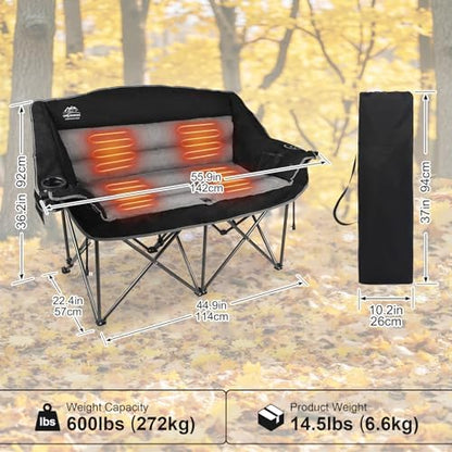 Heated Double Camping Chairs,3 Heat Levels Padded Portable Loveseat w/Wine Glass Holder,Cup Holder,Heating Outdoor Camp Couch Support 600 Lbs,Black,Battery NOT Included