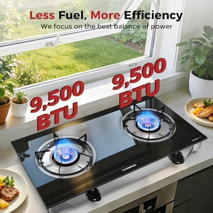 CAMPLUX 2 Burner Propane Stove, LPG Tempered Glass Auto Ignition Double Burner Portable Gas Stove Top, 19,000 BTU Propane Cooktop for Camping, CSA Regulator & Hose Included, estufa de gas portatil