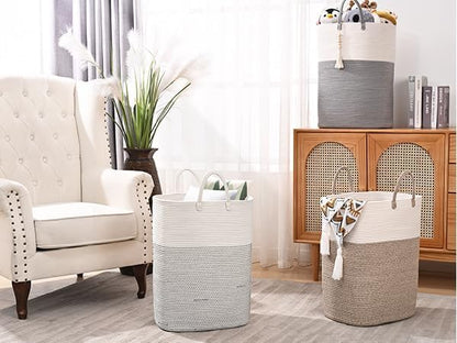 Woven Laundry Basket for Clothes, 100 L Large Rectangle Laundry Hampers with Beads Tassel, Nursery Storage Basket for Toys, Tall Dirty Clothes Hamper for Bedroom Aesthetic, Laundry Room Organization