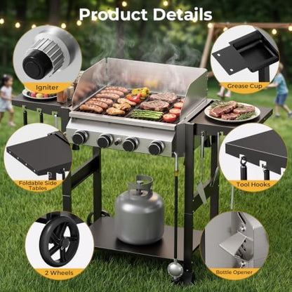 Electactic 4-Burner Propane Gas Grill Griddle Combo, 32,000 BTU BBQ Grill
