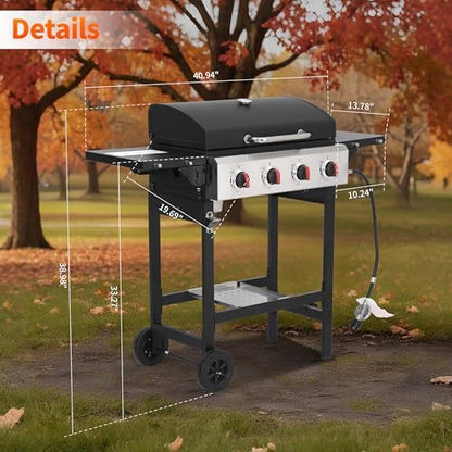 4-Burner Propane Gas Grill with Cast Iron Grates, 38200 BTU output,Foldable Side Shelves for Portable Outdoor Patio Camping, Black (4 burner)