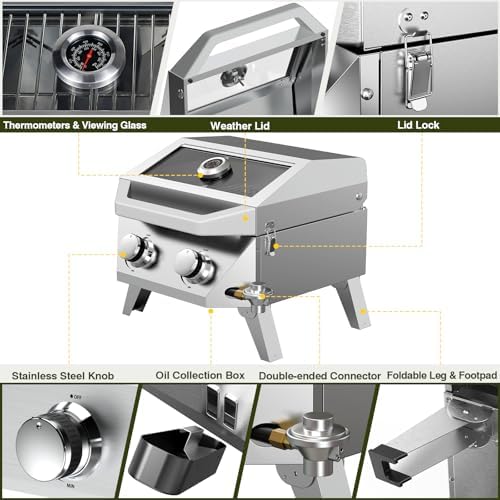 BESTFIRE 2-in-1 Portable Propane Grill, 20,000 BTU 2-Burner Tabletop Gas Grill for Camping & RV, Stainless Steel BBQ with Viewing Glass Lid, Thermometer & Dual-Gas Connection
