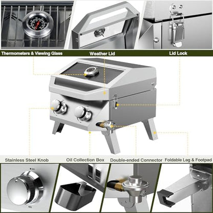 BESTFIRE 2-in-1 Portable Propane Grill, 20,000 BTU 2-Burner Tabletop Gas Grill for Camping & RV, Stainless Steel BBQ with Viewing Glass Lid, Thermometer & Dual-Gas Connection