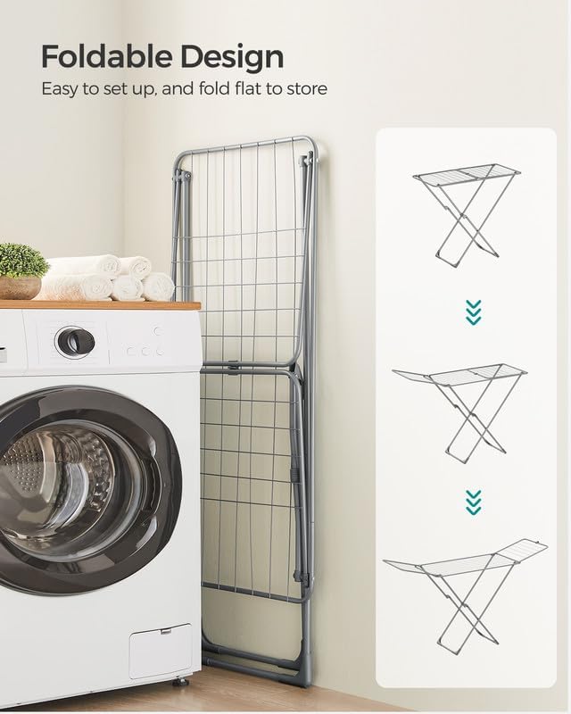 SONGMICS Clothes Drying Rack, Metal Laundry Drying Rack, Foldable, Space-Saving, Free-Standing Airer, with 2 Gullwings, Indoor Outdoor Use, Bed Linen Clothing, Gray ULLR540G01