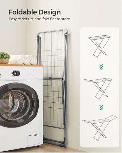 SONGMICS Clothes Drying Rack, Metal Laundry Drying Rack, Foldable, Space-Saving, Free-Standing Airer, with 2 Gullwings, Indoor Outdoor Use, Bed Linen Clothing, Gray ULLR540G01