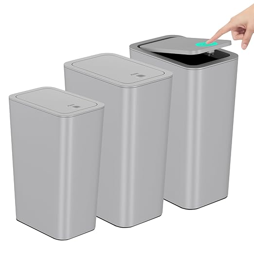 N. NETDOT Bathroom Trash Can with Lid 3 Pack Set, 2 Packs 4 Gal Slim Kitchen Trash Can and 1 Pack 2.6Gal Garbage Can, Small Trash Bin/Waste Basket for Bedroom (Grey, Pack of 3)
