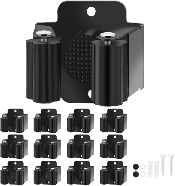 Broom Holder Wall Mount, 12PCS Broom Hanger Wall Mount, Stainless Steel Heavy Duty Mop Holder Broom Mop Hanger Wall with Screws, Garden Outdoor Tool Organizer Rack Broom Hanger (Black)