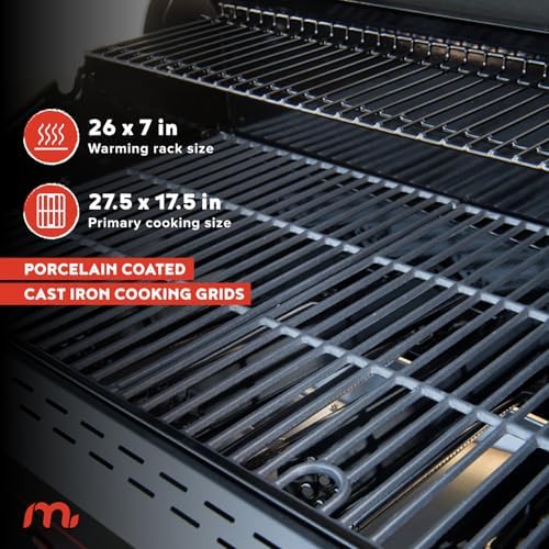 Megamaster Cart 5 Burner Gas Grill, Side Tables with Accessory Hooks, Black