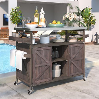50.25" Outdoor Grill Cart with Stainless Steel Tabletop and Storage Cabinet, Rolling Bar Cart with Wheels, Solid Wood Outdoor Grill Table for BBQ Food Prep (Dark Brown)