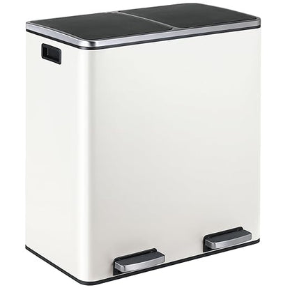 16 Gallon Rectangular Stainless Steel Trash Can, Dual Compartment Garbage Bin with Recycling Combo, Metal Dustbin Lid, Removable Liner, Indoor Hands Free Waste Bucket for Kitchen Home
