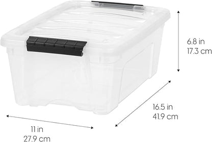 IRIS USA 13 Qt Stackable Plastic Storage Bins with Lids, 6 Pack - BPA-Free, Made in USA - See-Through Organizing Solution, Latches, Durable Nestable Containers, Secure Pull Handle - Clear