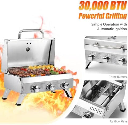 ROVSUN 3 Burner Portable Gas Grill, 30000 BTU Outdoor Tabletop Propane Grill with Ignition, Built-in Thermometer & Full Stainless Steel Body for Patio Garden Backyard Camping BBQ Picnic