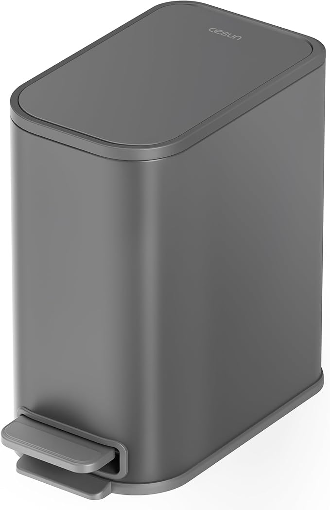 Cesun Small Bathroom Trash Can with Lid Soft Close, Step Pedal, 5 Liter / 1.3 Gallon Stainless Steel Garbage Can with Removable Inner Bucket, Waste Basket for Bathroom, Bedroom (Gray)
