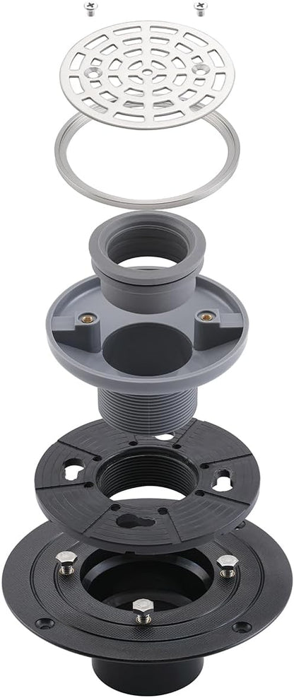 RANDOM Round Shower Drain Brushed Nickel 4 Inch Shower Drain with Adjustable PVC Base Flange,SUS304 Stainless Steel Bathroom Shower Floor Drain with Removable Grid Cover Grate.98768BN-S