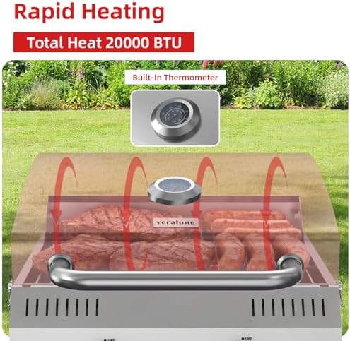 Veralune Tabletop Gas Grill, Small Propane Grill, Portable 2 Burner Gas Grill, Locking Lid, 20,000 BTUs, Built-in Thermometer, Stainless Steel