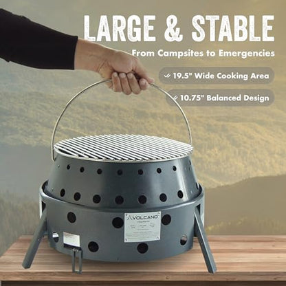 Volcano 3 Collapsible Portable Outdoor Grill/Stove, Propane, Charcoal and Wood, 19500 BTU Burner, 13 Inch Cooking Surface, Camping Stove for Backpacking, Hiking and BBQ, Carry Bag and Hose Included