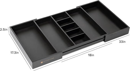 KitchenEdge Adjustable Kitchen Drawer Organizer for Utensils and Junk, Food-Safe Contract Grade with 100% Sustainable Wood, Expandable from 19 to 33 Inches Wide - Black Bamboo
