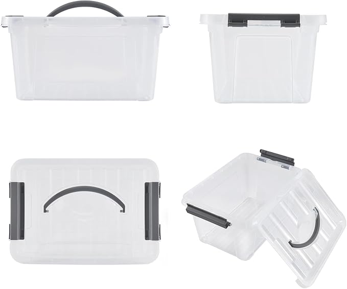 6 Quart Plastic Stackable Storage Latch Bins,Clear Latching Box with Handle and Lid,Pack of 6 (Grey Handle)