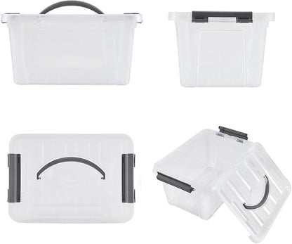 6 Quart Plastic Stackable Storage Latch Bins,Clear Latching Box with Handle and Lid,Pack of 6 (Grey Handle)