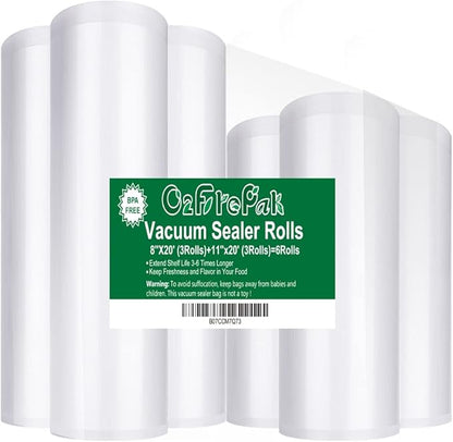 O2frepak 6Pack 8"x20'(3Rolls) and 11"x20' (3Rolls) Rolls Vacuum Sealer Bags Rolls with BPA Free,Heavy Duty Vacuum Sealer Storage Bags Rolls,Cut to Size Roll,Great for Sous Vide Cooking