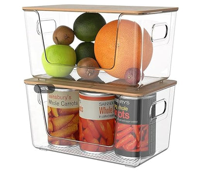 Trash Bag Holders with Bamboo Lids 2 Pack, Garbage Bag Dispenser with Lid, Open Front Stackable Storage Bins, Storage Container for Kitchen, Laundry Organization, Kitchen, Pantry,Under-Sink