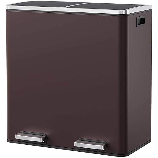 Arlopu 16 GallonStainless Steel Trash Can, 60L Dual Compartment, Metal Kitchen Step Recycle Bin, Metal Double Dustbin, in-Home Garbage Rubbish Can W/Removable Liner Buckets (Brown)