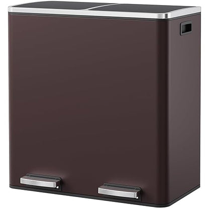 Arlopu 16 GallonStainless Steel Trash Can, 60L Dual Compartment, Metal Kitchen Step Recycle Bin, Metal Double Dustbin, in-Home Garbage Rubbish Can W/Removable Liner Buckets (Brown)