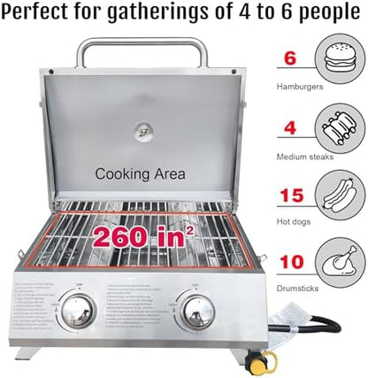 2-Burner Small Tabletop Gas Grill, 20,000 BTU Stainless Steel Grill