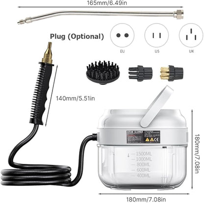 Irishom Pressurized Handheld Steam Cleaner with 3 Brushes and Extended Rod, Deep Cleaning Steamer with 6 Gear Adjustable Digital Touch Screen 1500ml Water Tank