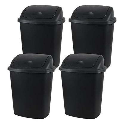 10 Gallon / 40 L Swing Lid Kitchen Trash Can, 4-Pack, Office, College, Classroom Garbage Bins, Plastic Waste Basket, Black