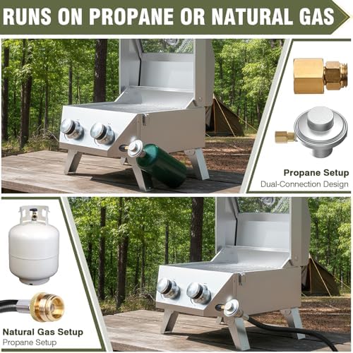 BESTFIRE 2-in-1 Portable Propane Grill, 20,000 BTU 2-Burner Tabletop Gas Grill for Camping & RV, Stainless Steel BBQ with Viewing Glass Lid, Thermometer & Dual-Gas Connection